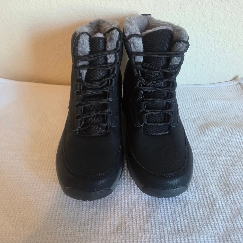 Outdoor Mens Black Winter Boots Faux Fur Lined Lace Up Hiking Snow Shoes Size 44